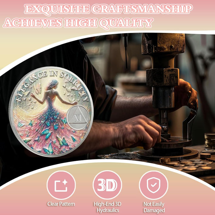 Elegant 11 Year Sobriety Coin, Butterfly Metamorphosis AA Coin - Sister Power Sober Chip for Eleven Year Addiction Recovery, Clean Living Sobriety Gift for Women