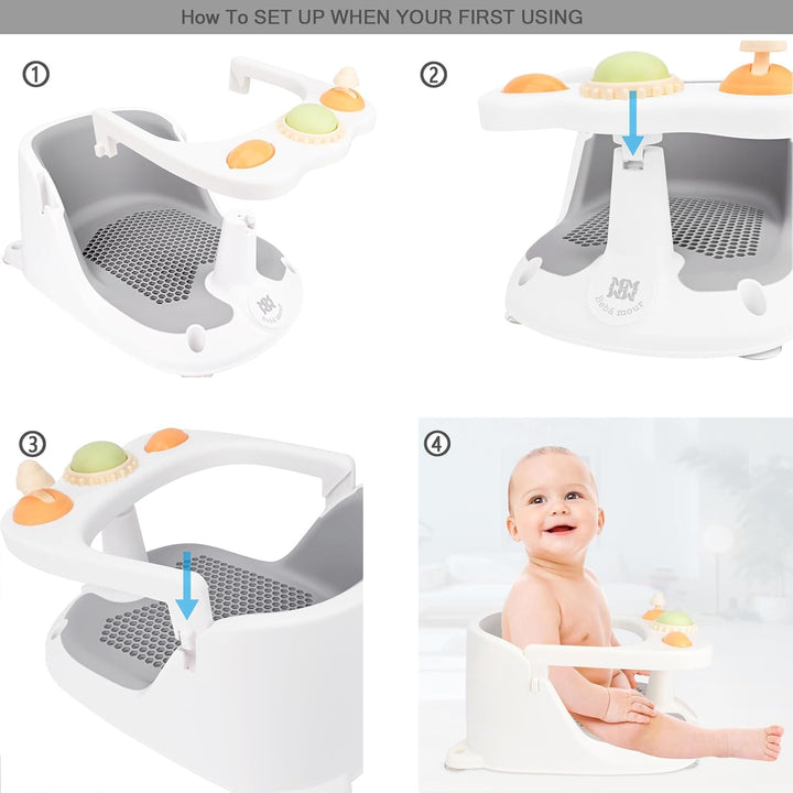 Baby Bath Seat 6 Months+ Child Bath Tub Non-Slip Baby Bath Chair with Toys, Water Jug, Grey New