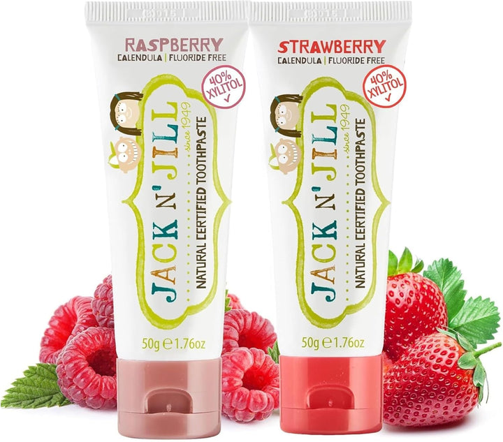 Jack N’ Jill Natural Certified Kids Toothpaste – Fluoride-Free Toddler & Baby Toothpaste with 40% Xylitol, No Sugar, Suitable from 6 Months+, Banana & Strawberry Flavour, Pack of 2 (50G Each)