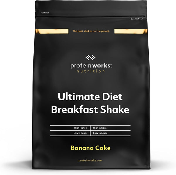 Protein Works - Ultimate Diet Breakfast Shake, On-The-Go Healthy Weight Loss Meal Replacement, Added Caffeine, Low Calorie, Low Sugar, Banana Cake, 9 Servings, 500G