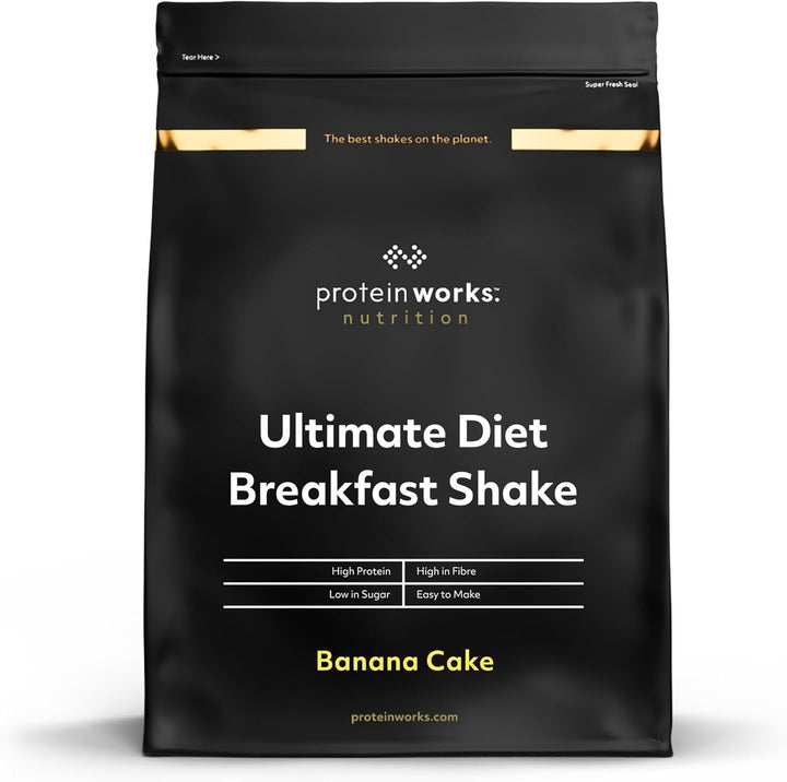 Protein Works - Ultimate Diet Breakfast Shake, On-The-Go Healthy Weight Loss Meal Replacement, Added Caffeine, Low Calorie, Low Sugar, Banana Cake, 9 Servings, 500G