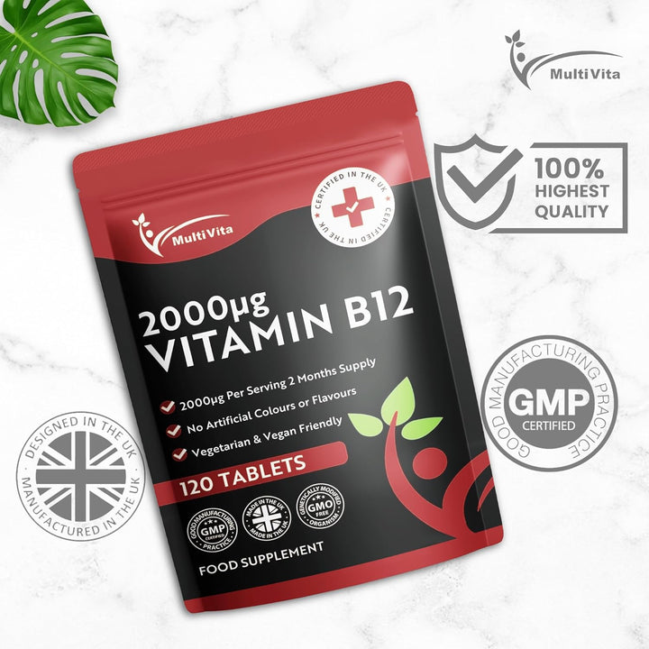 Vitamin B12 Tablets 2000Mcg – High Strength Methylcobalamin Form – 120 Vegan Tablets Not Capsules, 2 Months Supply – Bioavailable & Easy to Swallow – UK Made Non-Gmo, Gluten-Free, Dairy-Free