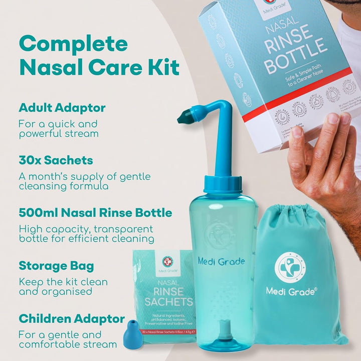 Nasal Irrigation Kit - 500Ml Nasal Rinse Bottle, 30X 4.5G Premixed Saline Nasal Rinse Salt Sachets - Deluxe Free-Flow Bottle Nose Cleaner for Improved Breathing and Nasal Hygiene