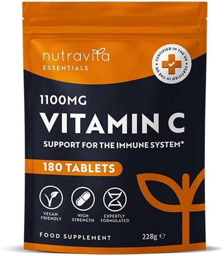 Vitamin C Tablets 1100Mg – 180 Premium Vegan and Vegetarian Tablets – 3 Month Supply - High Strength Ascorbic Acid - Vitamin C for the Immune System - Letterbox Friendly - Made in the UK by