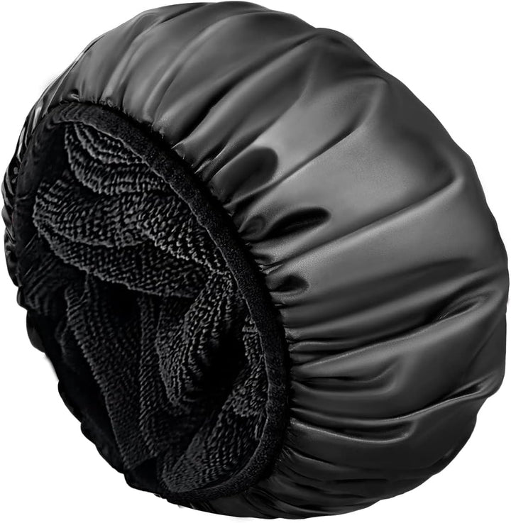 Shower Cap,Extra Large Triple Layer Bathing Cap with Dry Hair Function for Women Microfiber Terry Cloth Silky Satin 100% Waterproof Reusable Long Hair Bath Caps