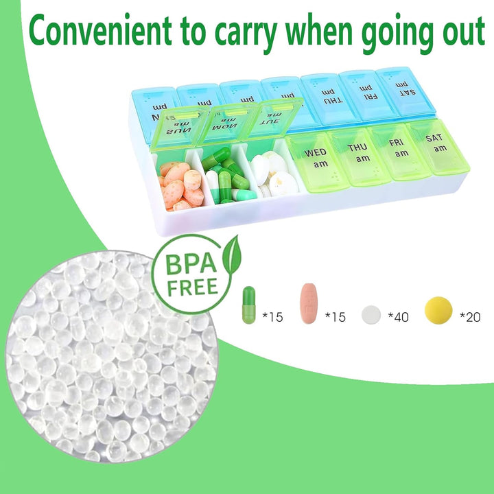 7-Day Pill Box - Pill Boxes 7 Day 2 Times a Day-Daily Medication, Pill Organiser,Tablet Tablet Organiser for Travel (Blue-Green)