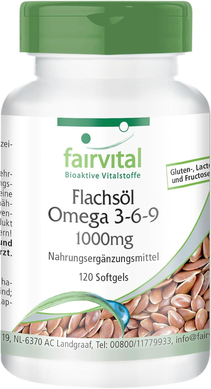 | Flaxseed Oil Softgels - 120 Count - Omega 3 6 9 with High Strength Alpha Linolenic Acid (ALA) - Cold Pressed Supplement - Made in Germany