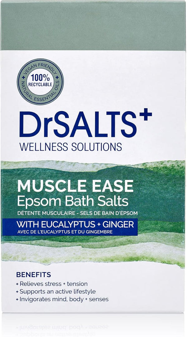 Drsalts+ Muscle Ease Therapy Epsom Salts - Soothing Epsom Bath Salts to Relieve Strains, Pain & Stiffness with Eucalyptus & Ginger Essential Oils - Vegan & Cruelty-Free, 2Kg