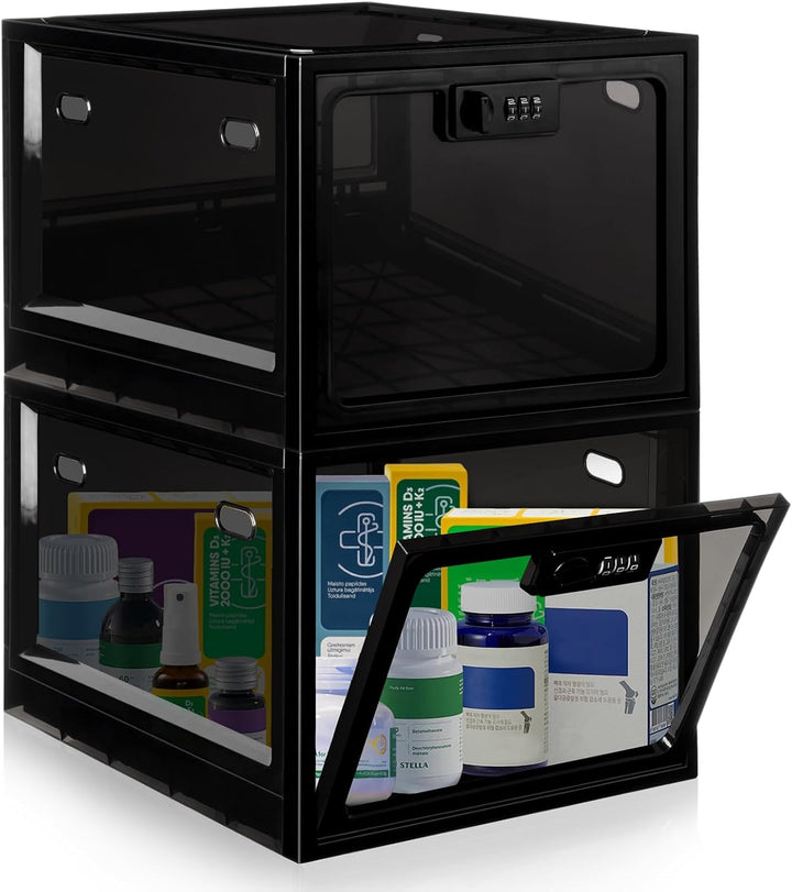 Lockable Medicine Box with Code, 12.6L Large Lockable Storage Box for Medication, Snacks, Phone, and Electronics - Bpa-Free, Clear Design with Charger Holes for Home, Office, Dorm, and Fridge
