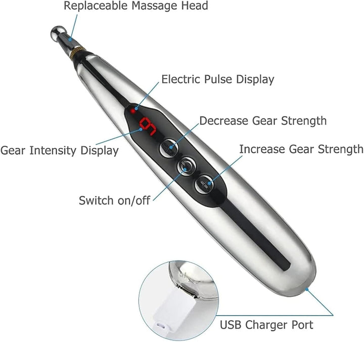 Acupuncture Pen USB Rechargeable, Accupressure Pen with 3 Massage Heads 9 Levels, Powerful Meridian Energy Pen Massage Pen for Office, Leisure and Work