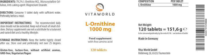 Pack of 3  L-Ornithine 1000 Mg L 3 X 120 Tablets L Highly Dosed L Vegan L Ideal as a Supplement for an Increased Protein Intake L No Additives L Gluten and Lactose-Free
