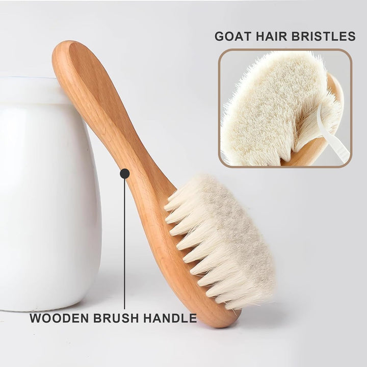 Baby Hair Brush and Comb Set for Newborns, Infants and Toddlers, Brush with Natural Wooden Handle and Super Soft Goat Bristles, Gently Grooms Hair, Maintain Scalp Health, Prevent Cradle Cap