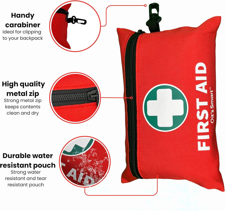 Premium First Aid Kit 110 Pieces - for Travel Essentials, Hiking, Home, Camping and Car - Includes Emergency Blanket, Plasters, Bandages, Eyewash and Other First Aid Essentials - Red