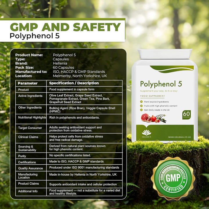 Polyphenol 5 - Pure 5-A-Day Fruit & Veg Dietary Antioxidants & Poluphenols | 60 Capsules - High Strength Polyphenol Supplement | Vegan | GMP Certified Product - Made in the UK by
