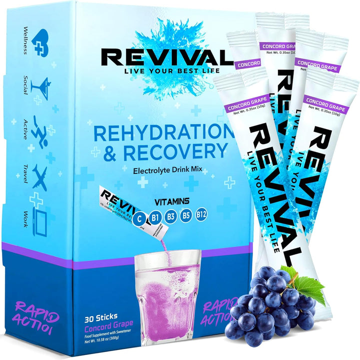 Revival Rapid Rehydration Electrolytes Powder - High Strength Vitamin C, B1, B3, B5, B12 Supplement Sachet Drink, Effervescent Electrolyte Hydration Tablets - 12 Pack Assorted Flavours