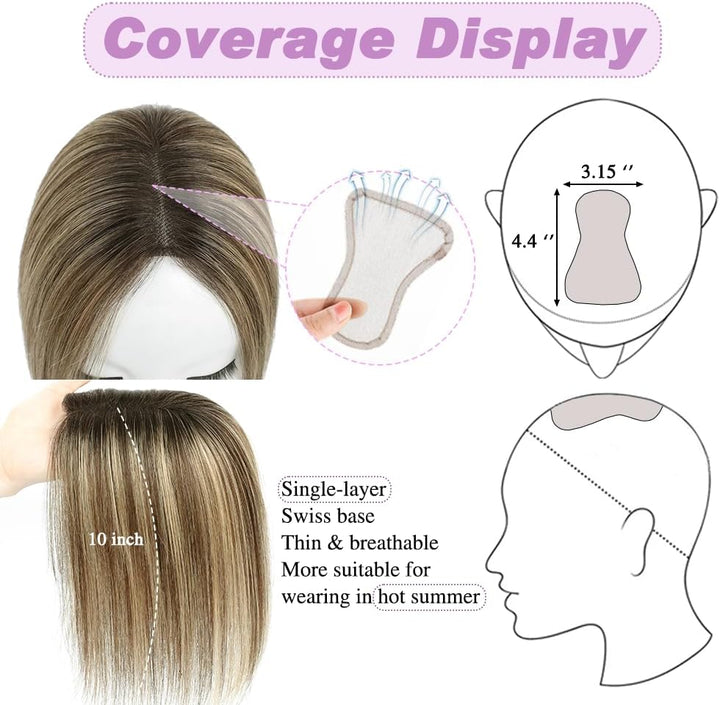 Hair Toppers with Thinninghair 100% Real Human Hair Topper for Women 10Inch Medium Brown Mix Blonde with Dark Brown Root Toppers 120% Density Top Toppee for Thinninghair4T427