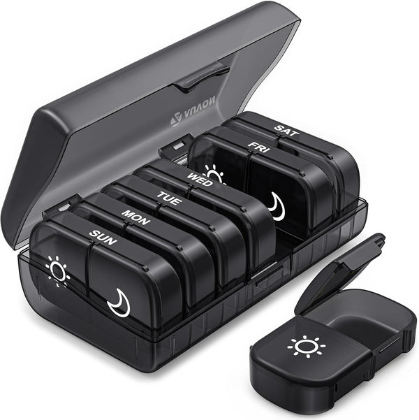 Pill Box Organiser, XL Weekly Pill Box 7 Day 2 Times a Day with One-Side Large Opening Design for Easy Filling, Tablet Organiser with Black Privacy Protection for Medication/Vitamins/Fish Oils