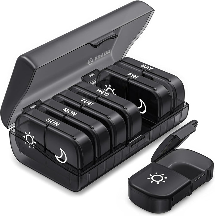 Pill Box Organiser, XL Weekly Pill Box 7 Day 2 Times a Day with One-Side Large Opening Design for Easy Filling, Tablet Organiser with Black Privacy Protection for Medication/Vitamins/Fish Oils