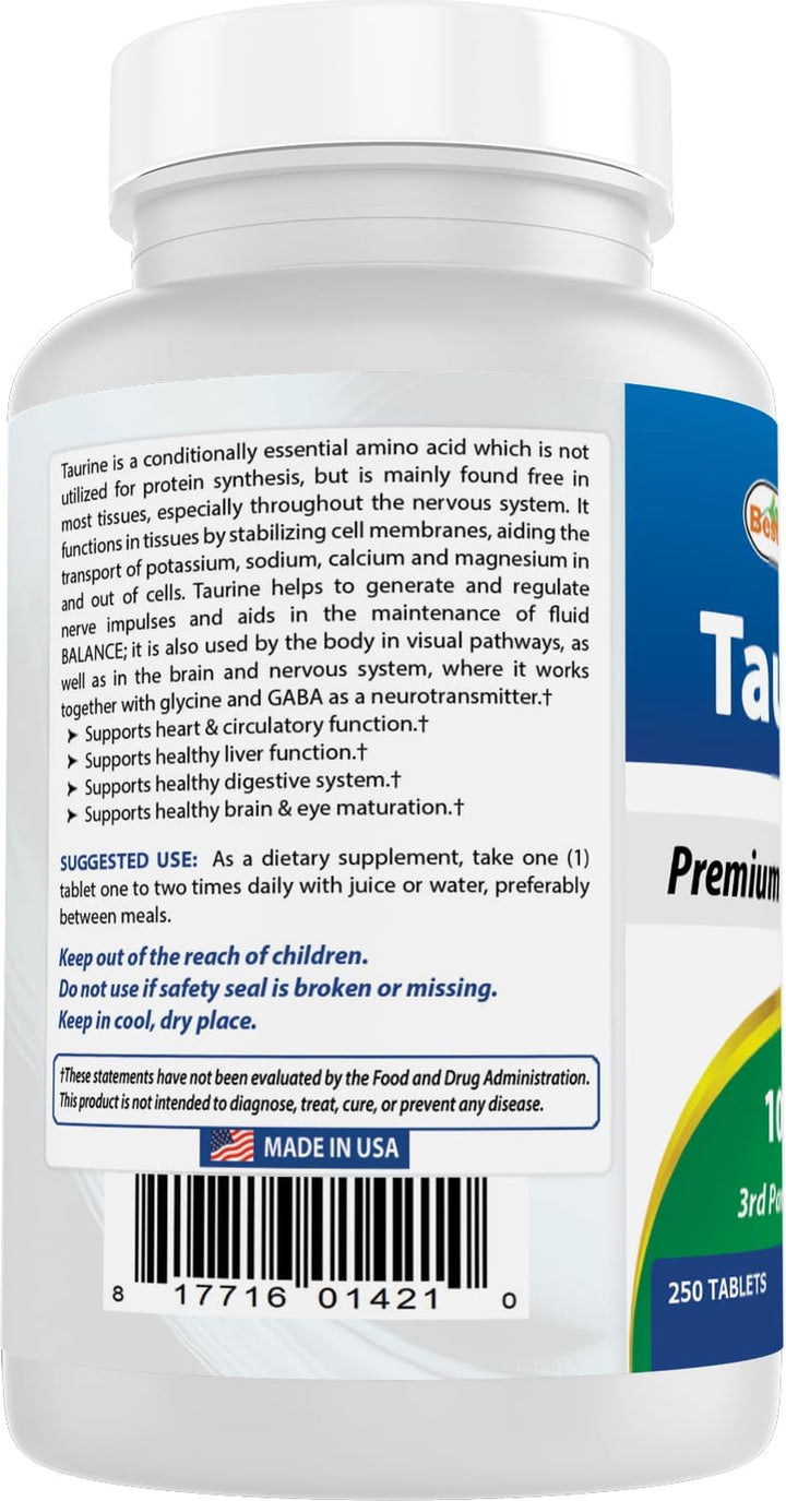 Taurine 1000 Mg Tablet, 250 Count (250 Count (Pack of 1))