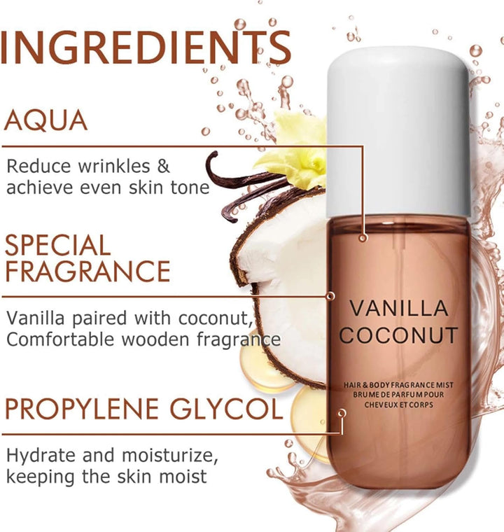 50Ml Coconut Vanilla Body Spray for Women - Long-Lasting Light Fragrance Mist for Hair and Skin Care