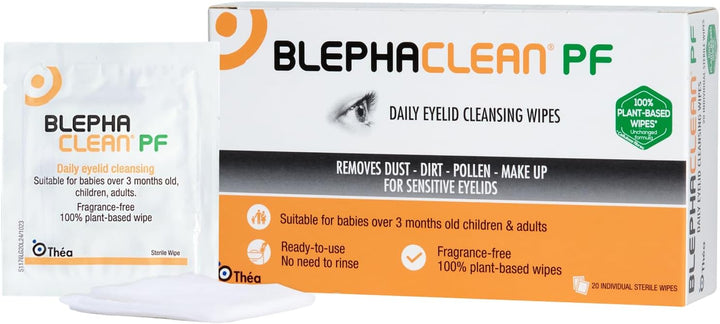 Blephaclean PF Daily Eyelid Wipes - Gentle Cleansing for the Eyelids and Skin around the Eyes | Suitable for Babies (Over 3 Months Old), Children & Adults | 20 Sterile Plastic-Free Wipes