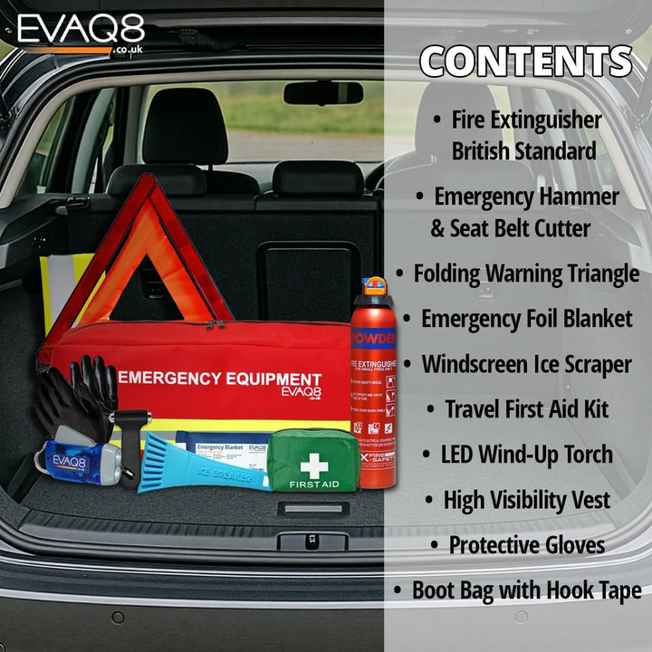Advanced Car Safety Kit with Extinguisher and Torch UK Standard Parts Includes Warning Triangle, First Aid Kit, Emergency Blanket, Safety Hammer, Torch, High Visibility Vest, Carry Bag