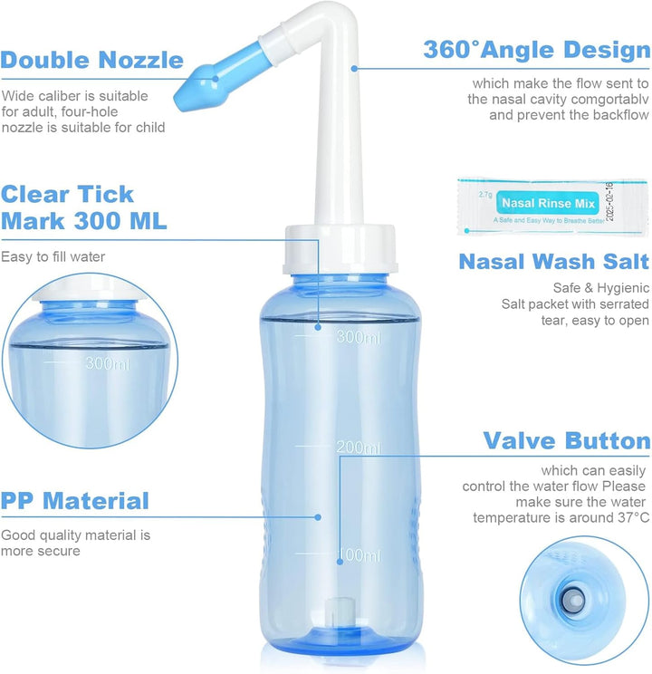 Neti Pot, Nasal Rinse Kit Nose Wash Cleaner, 300Ml Sinus Rinse Bottle with 40 Nasal Wash Salt Packets, Pressure Rinse Nasal Irrigation for Adult and Kid BPA Free