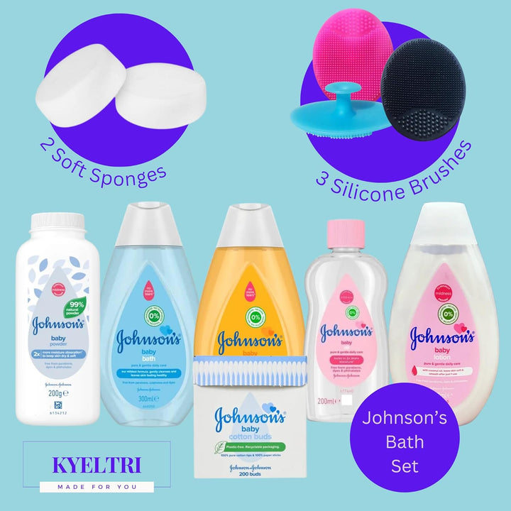 Baby Bath Set Bundled with Johnson'S Toiletries and  Silicone Brushes for Cradle Cap and Massage with Sponges