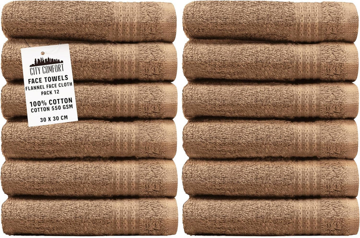 Flannels Pack of 12 Face Towels 100% Cotton 550 GSM 30X30Cm Highly Absorbent Soft Wash Cloth Household Essentials (Brown - 12 Pack)