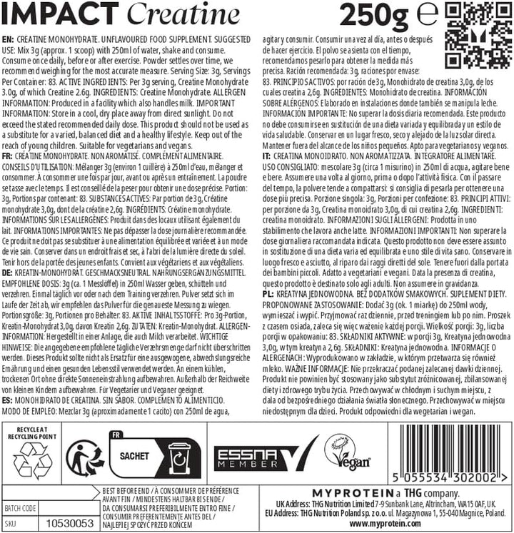 Impact Creatine Monohydrate Powder | 250 G | Micronised Creatine for Strength, Power & Muscle Growth | 3 G per Serving | Supports High-Intensity Training & Recovery | Unflavoured