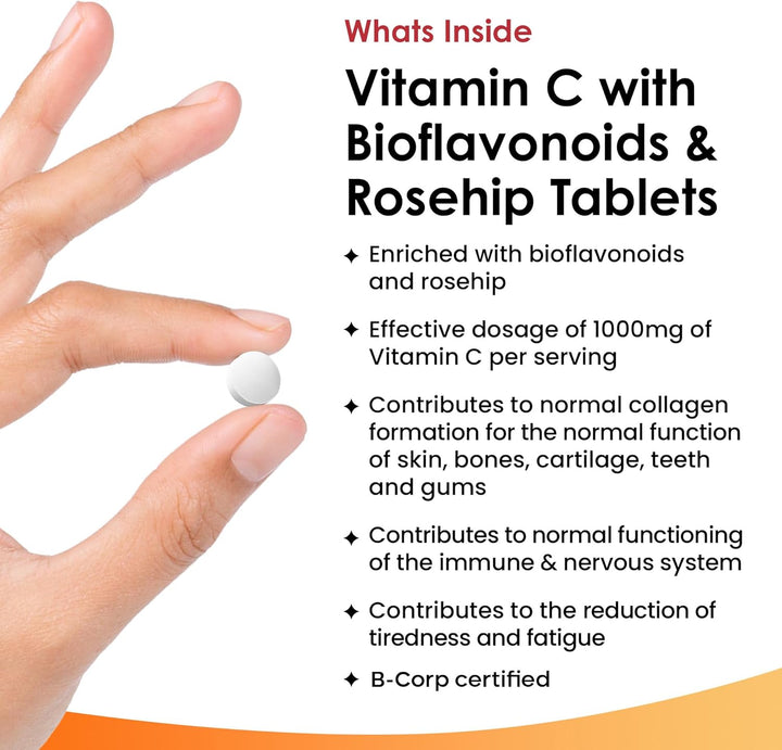Vitamin C Tablets 1000Mg - Enriched with Bioflavonoids & Rosehip - Premium Vitamin C Supplements - Vegan Tablets High Strength Ascorbic Acid VIT C for Normal Immune System UK Made