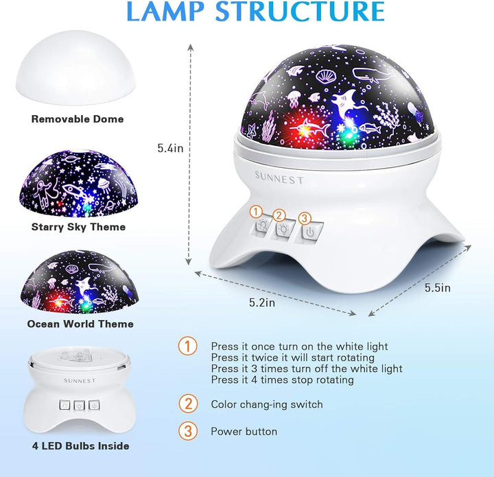 Baby Night Light Kids Projector, Starry Sky Lights Lamp 360 Degree Rotating Space and Ocean Themes with 8 Lighting Modes, Star Projector Gifts for Boys and Girls - White