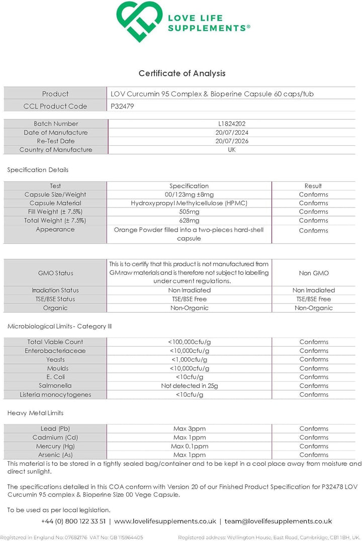 Curcumin 95 + Bioperine® by LLS | High Strength Turmeric Curcumin Capsules Containing 96.9% Curcuminoids and Black Pepper Extract | 500Mg X 60 Veg Capsules | Made in UK under GMP/BRC License
