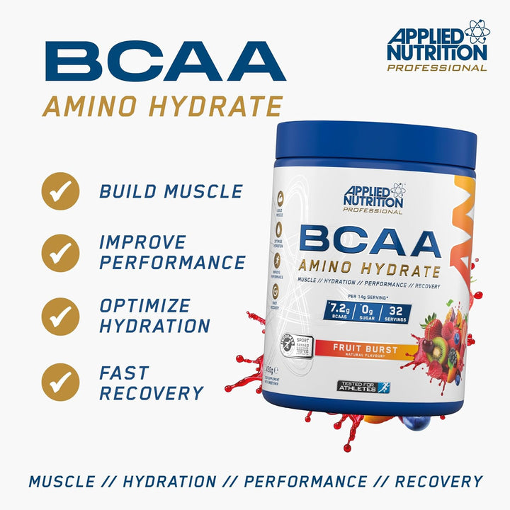 BCAA Powder - Branched Chain Amino Acids Bcaas Supplement, Amino Hydrate Intra Workout & Recovery Energy Drink (450G - 32 Servings) (Fruit Burst)