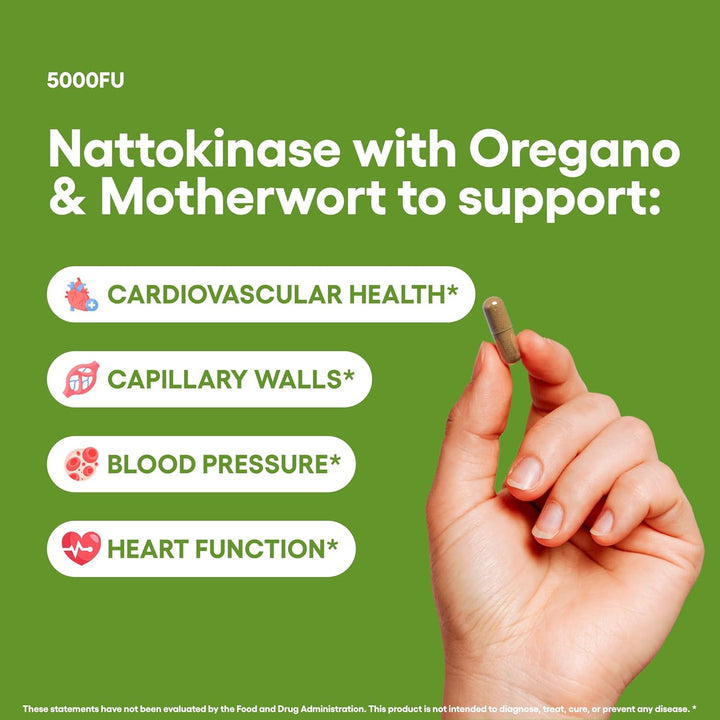Nattokinase 5000FU Arterial Support with Oregano Extract 125Mg & Motherwort 125Mg 30 Capsules Made in the UK (30)