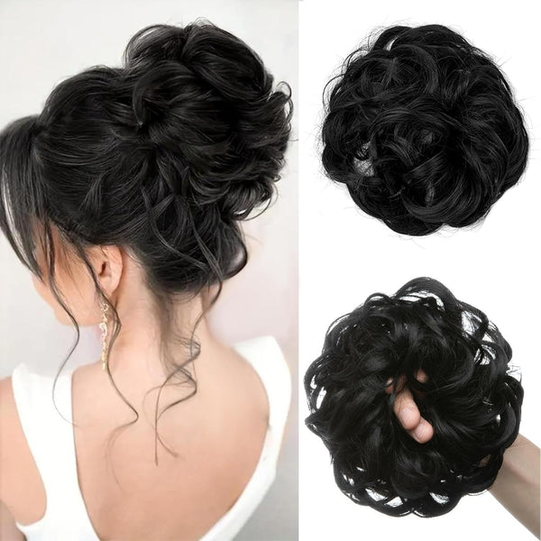 Messy Bun Hair Piece, Wavy Curly Messy Bun Scrunchie, Thick Tousled Hair Pieces for Women Girl(Black）