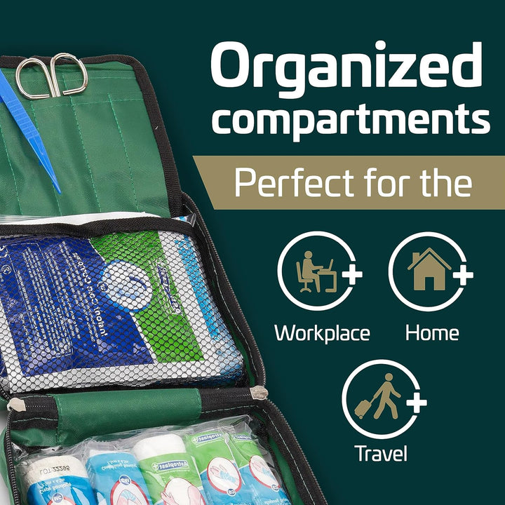 90 Piece Premium Kit Includes Eyewash, 2 X Cold (Ice) Packs and Emergency Blanket for Home, Office, Car, Caravan, Workplace, Travel - First Aid Kit Bag