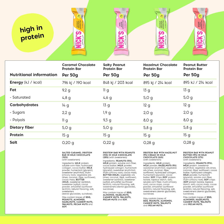 NICKS Protein Bar Mix Box, Keto Snack Bars 4G Net Carbs, 15G Protein, 5G Collagen No Added Sugar Gluten Free Low Carb Snacks (9X50G)
