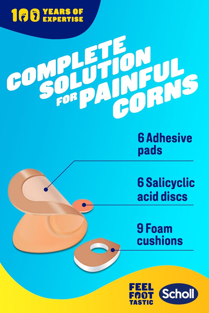 Complete Corn Removal Treatment Kit, 1 Pack - Medicated Action with Salicylic Acid, Includes 6 Pads, 6 Medicated Discs, and 9 Cushions for Effective Corn Removal