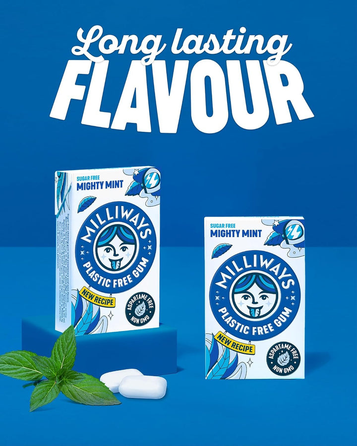Mighty Mint Chewing Gum, Plastic Free, Sugar Free, Aspartame Free, Natural | 12 Packs of 10 Pieces (120 Pieces Total) | Xylitol, Plant-Based, Biodegradable