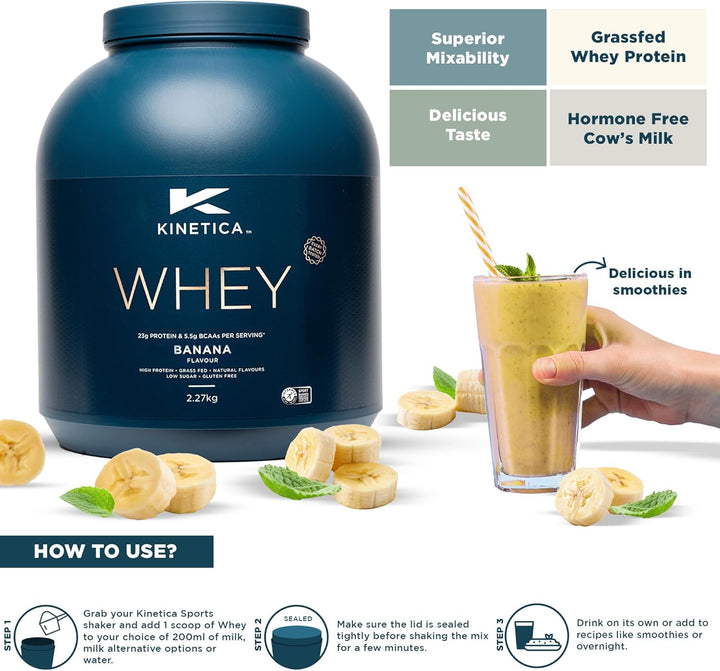 Sports Whey Protein Powder - Banana Flavour | 23G Protein/Serve, 76 Servings/2.27Kg Pack | Gluten Free Supplement | Optimum for Muscle Growth & Recovery | Mixes Well with Water, Milk & Shakes