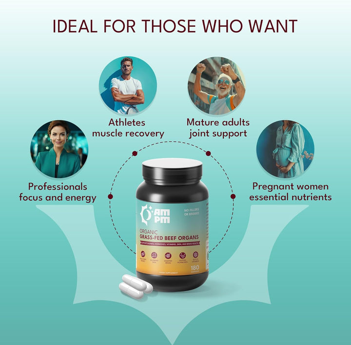 Organic Grass-Fed Beef Organs Proprietary Blend of Liver, Heart, Kidney, Pancreas, Spleen, Freeze-Dried Beef 180 Capsules, No Fillers or Binders