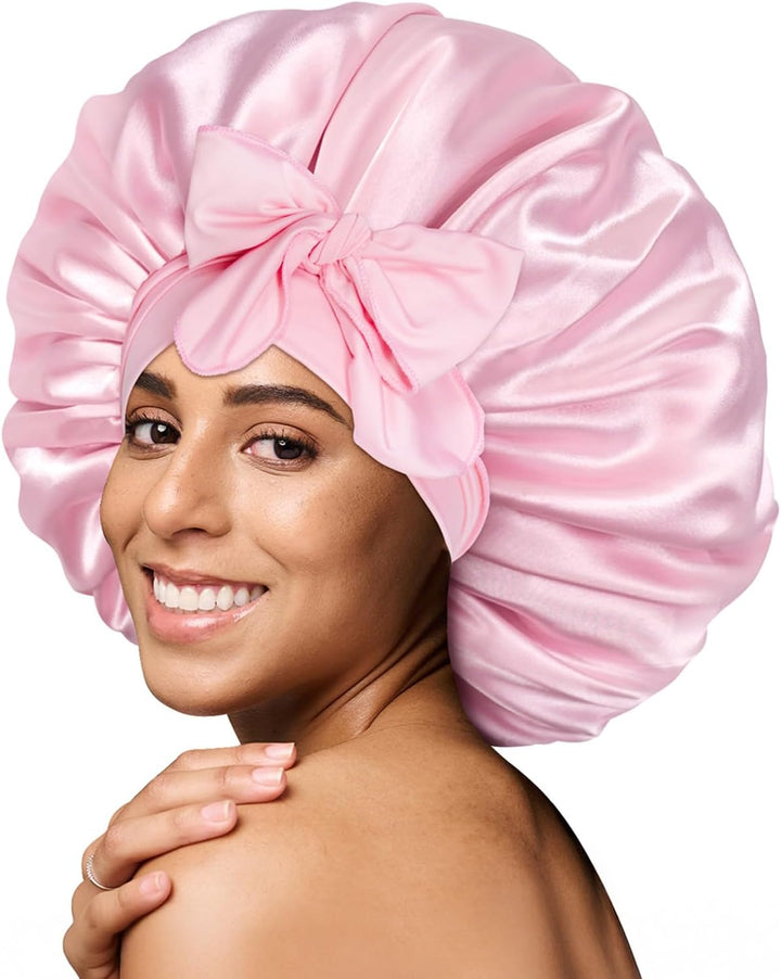 Silk Bonnet for Sleeping for Curly Hair, Satin Bonnet Hair Wrap for Women & Men, Adjustable Silk Scarf Night Cap with Tie Band, Champagne