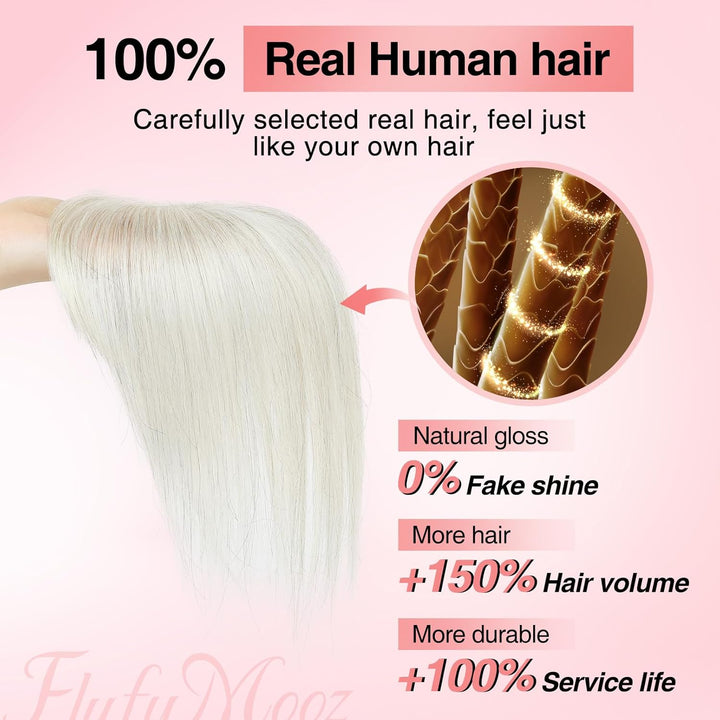 Real Human Hair Toppers for Women, 10 Inch Clip in Bangs 100％ Human Hair Toppers for Thinning Hair, Cover Hair Pieces with 150% Density Silk Base-Silver White