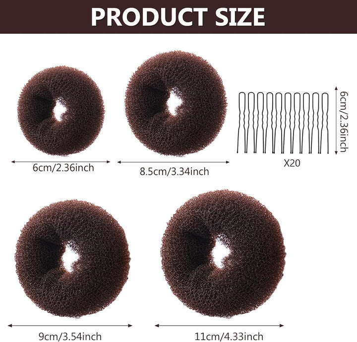 4 Pcs Ring Style Donut Bun Shaper with 20 Hair Pins,Hair Donut Brown Hair Donuts,Hair Donut Bun Maker Set,Hair Bun Donut for Girls Kids Women DIY Chignon Hair Styles Dancer Ballerina(Brown)