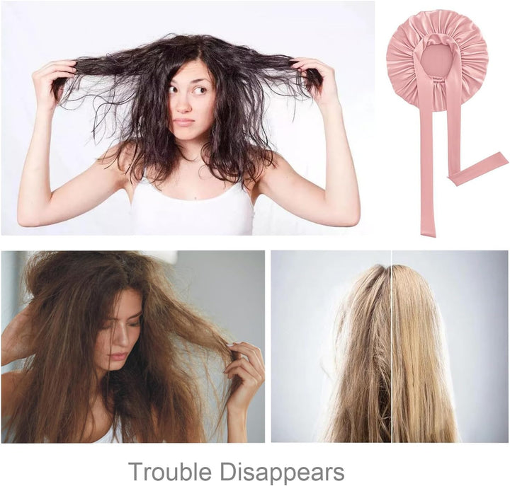 Silk Bonnet,Adjustable Silk & Satin Sleep Bonnet,Hair Bonnet,For Sleeping,Curly Hair Braid,Soft and Comfortable Silk Sleep Cap(Pink)