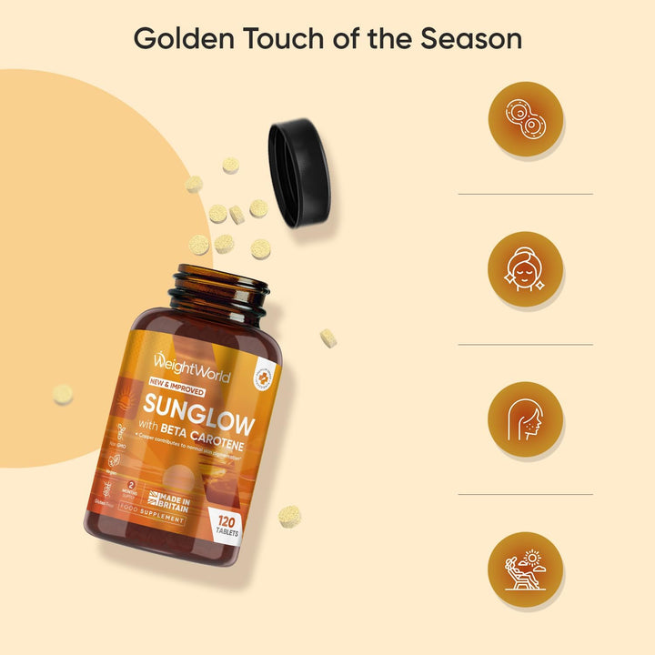 Tanning Tablets - 120 Sunglow Tablets - Beta Carotene Tanning with Vitamin B2 & B3, Zinc, Copper & Iodine - Gluten-Free & Non-Gmo - Made in the UK