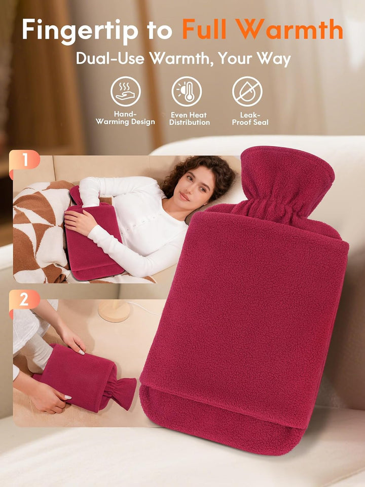 Hot Water Bottle with Fleece Cover - 2L Large Leakproof Hot Water Bag - Soft Hot Water Bottle with Hand Pocket and Natural Rubber -For Hands, Feet, Shoulders, Neck, Abdomen, Legs (Red)