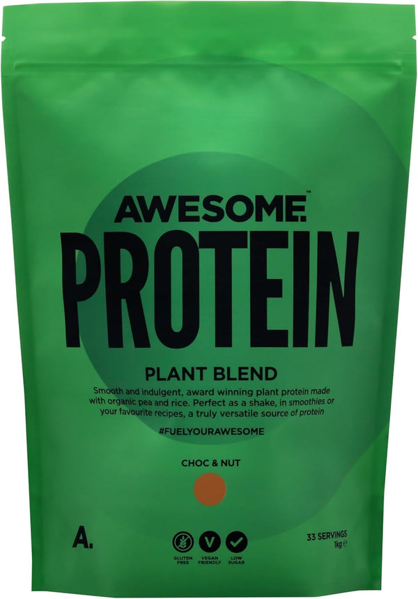 Awesome Supplements – Vegan Protein Powder – Organic 1KG – High Protein Plant-Based Powder – 21,6 G Protein per Serving – Low Calorie, Low Sugar – Pea Protein, Organic Protein (1 KG, Choc & Nut)