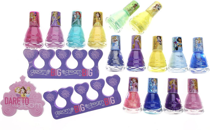 Disney Princess 15 Piece Water Based Nail Polish with 3 Toe Spacers| Quick Dry Peel off Gift Kit Set for Kids Girls Ages 3+ by